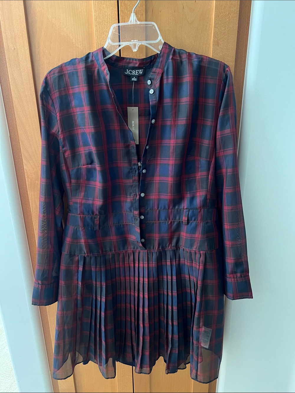 J. Crew Navy and Red Plaid Long-Sleeve Pleated Shirt Dress